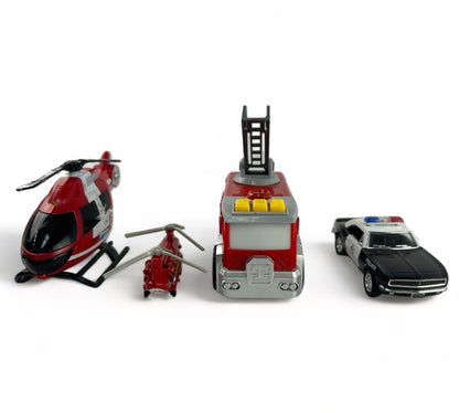 Light Up Fire Truck with Helicopters and Police Car Rescue Set