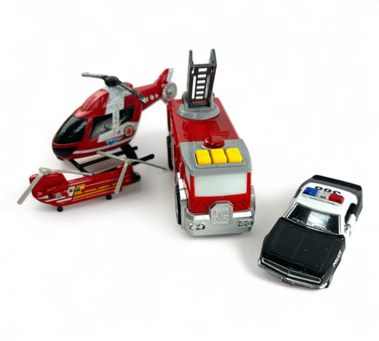 Light Up Fire Truck with Helicopters and Police Car Rescue Set