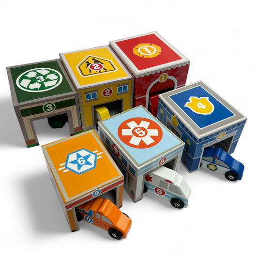 Nesting and Sorting Blocks - 6 Buildings, 6 Wooden Vehicles