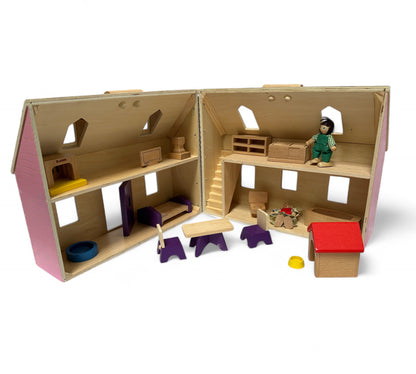 Fold and Go Wooden Dollhouse with 2 Dolls & Wooden Furniture