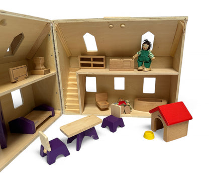 Fold and Go Wooden Dollhouse with 2 Dolls & Wooden Furniture