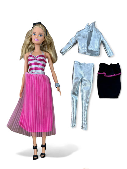 Glam Barbie with Pink Dress and Silver Jacket