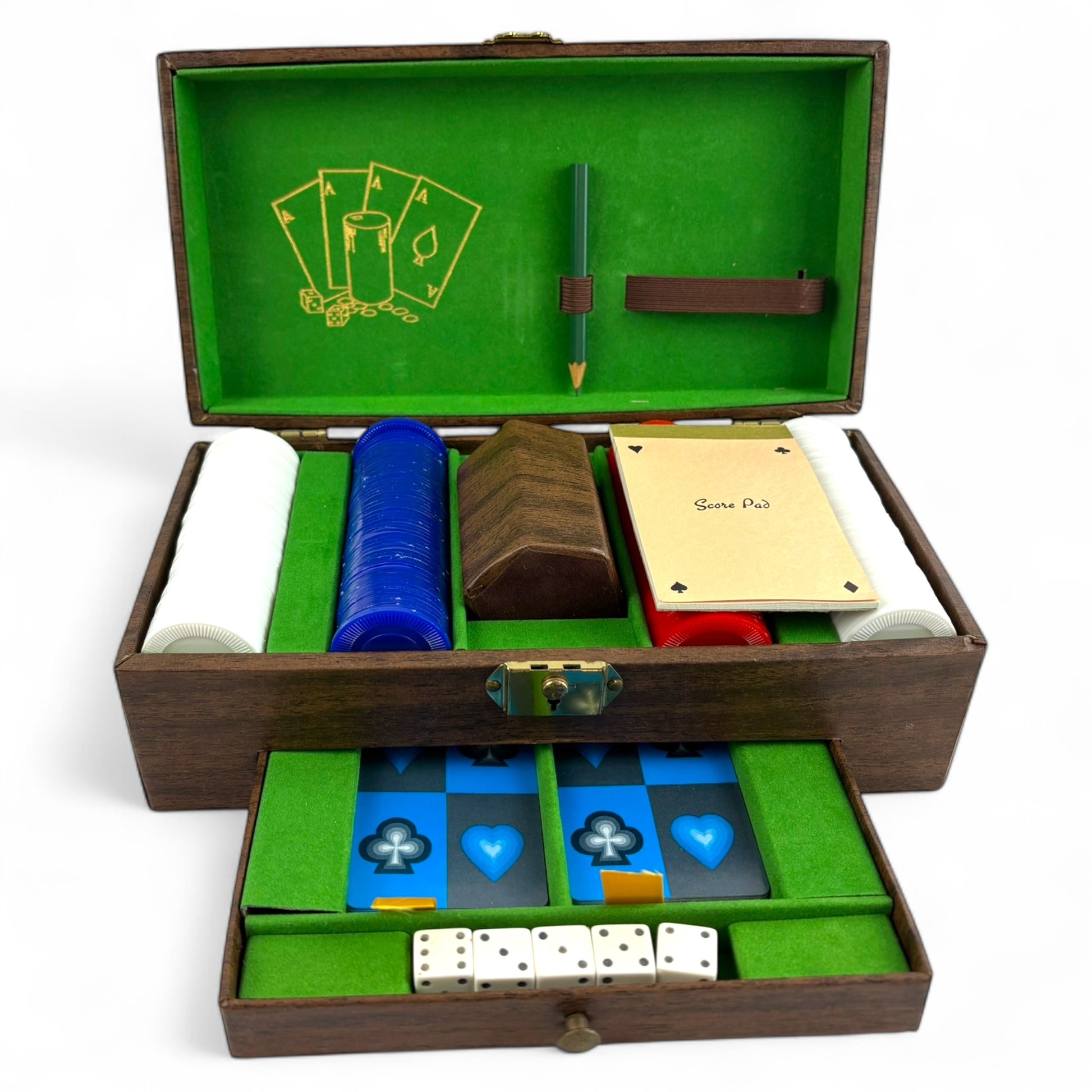 Vintage Poker Chest Set - Chips, Dice, Cards, & Bar & Cup