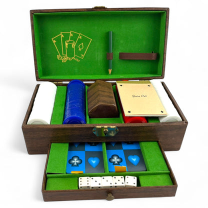 Vintage Poker Chest Set - Chips, Dice, Cards, & Bar & Cup